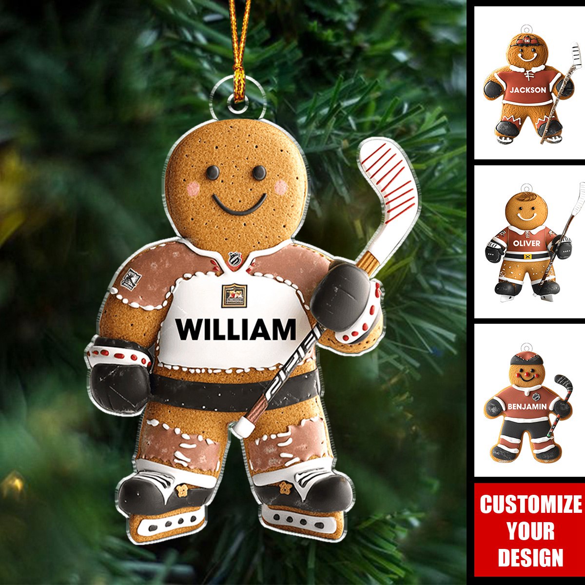 Hockey Gingerbread - Personalized Acrylic Christmas Ornament, Gift For Hockey Lovers, Kids