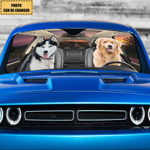 Custom Photo Have Fun Together - Dog & Cat Personalized Auto Windshield Sunshade, Car Window Protector