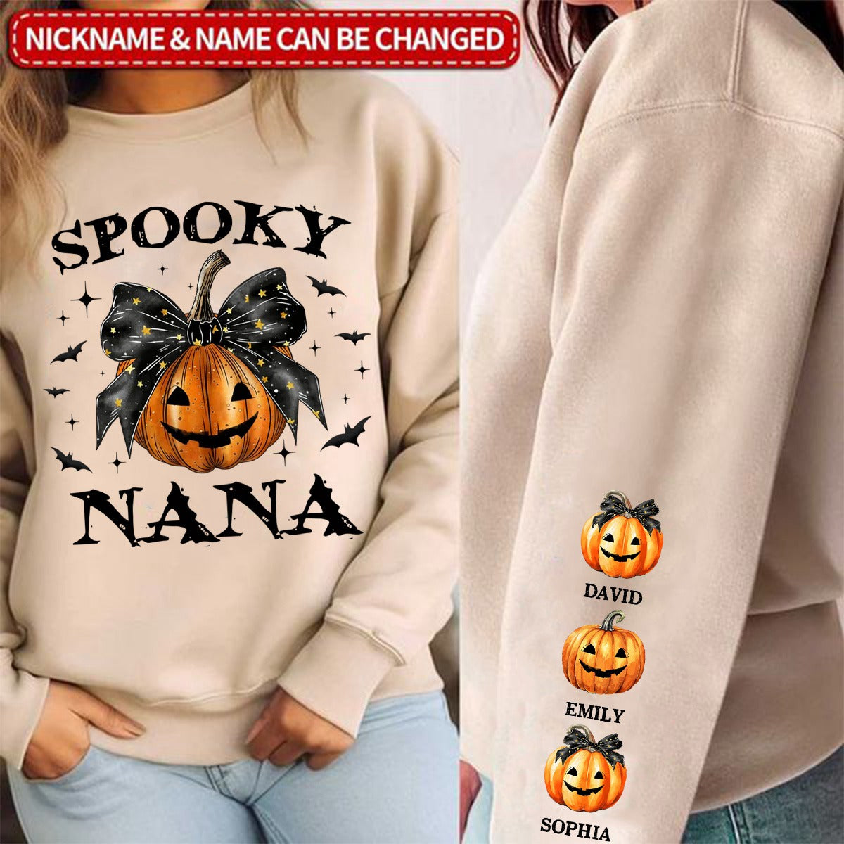 Spooky Grandma Mom Halloween Pumpkin Personalized Sleeve Printed Sweatshirt