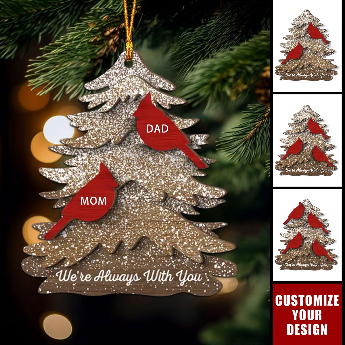 Rustic Christmas Tree Cardinals Always With You Memorial Christmas Personalized 2-Layer Wooden Ornament