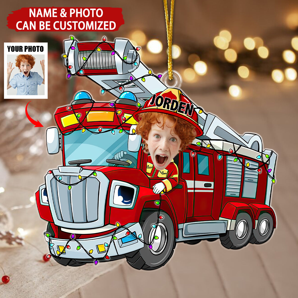 Funny Fire Truck Custom Kid Face - Personalized Acrylic Photo Ornament