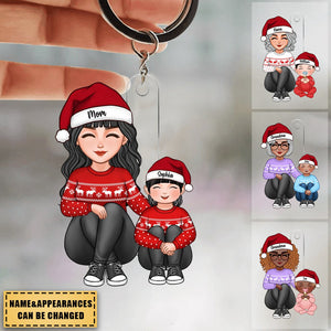 Cute Grandma Mom Grandkid Sitting Knees To Chest Christmas Gift For Granddaughter Grandson Personalized Acrylic Keychain