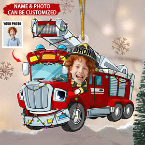 Funny Fire Truck Custom Kid Face - Personalized Acrylic Photo Ornament