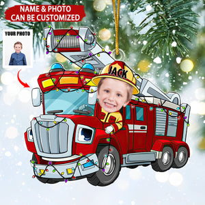 Funny Fire Truck Custom Kid Face - Personalized Acrylic Photo Ornament