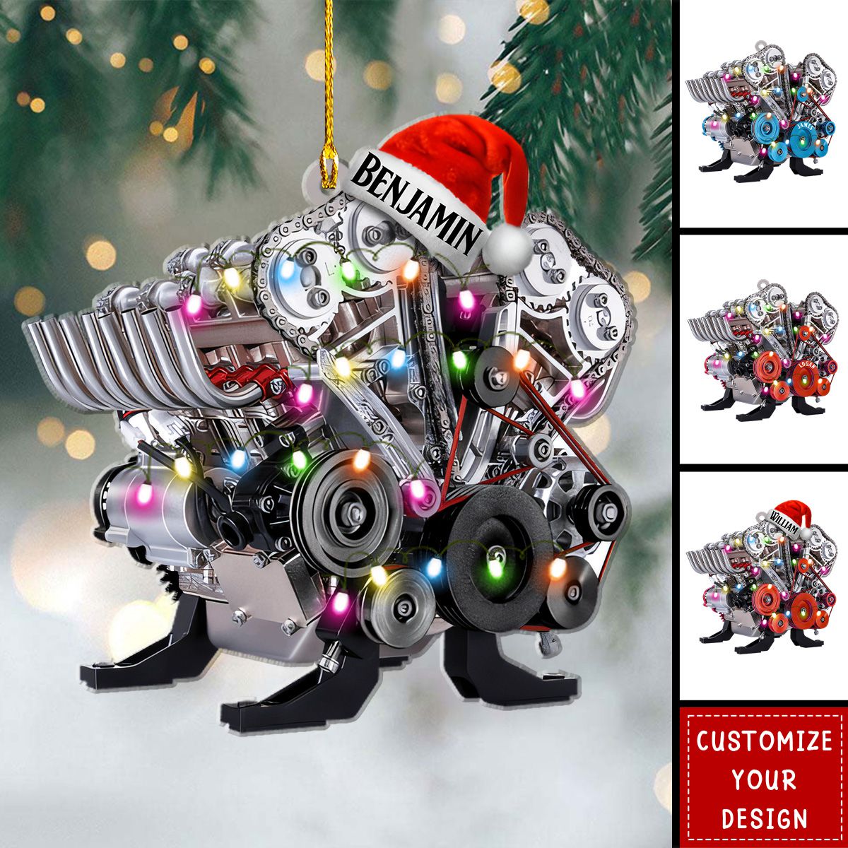 Drag Racing Hot Rod V8 Engine - Personalized Acrylic Christmas Ornament, Gift For Mechanic & Racer