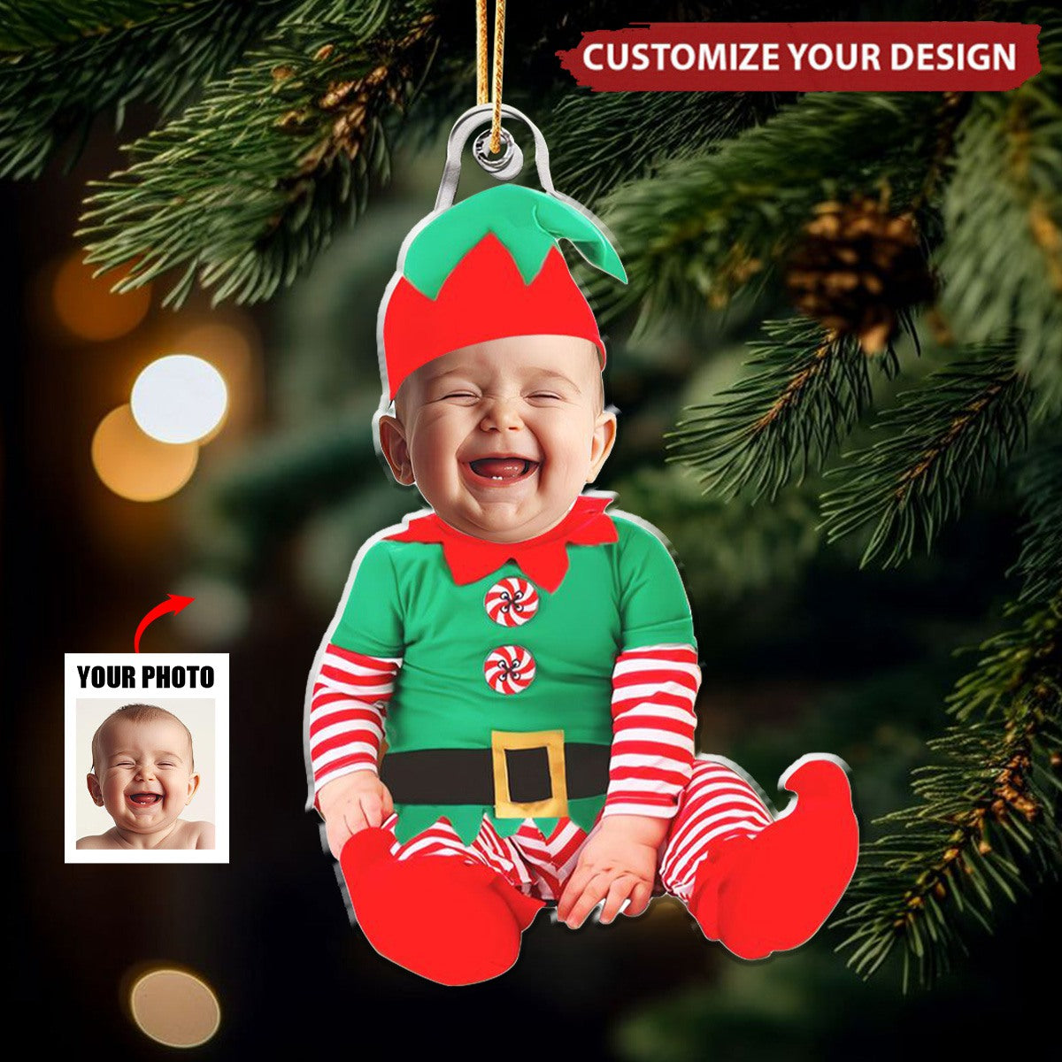 Adorable Newborn Baby Elf - Personalized Babys Photo Christmas Ornament