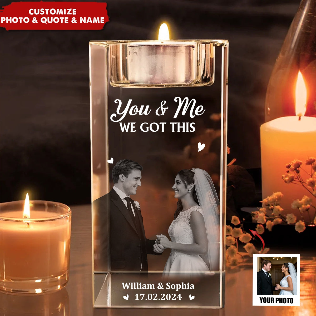 Custom Photo The Date We Became Mr. & Mrs. - Personalized Crystal Candle Holder