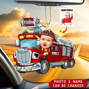 Funny Fire Truck Custom Kid Face - Personalized Acrylic Photo Car Ornament