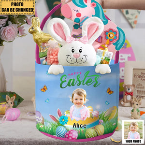 Happy Easter Kid With Easter Eggs - Personalized Photo Easter Basket