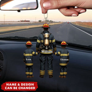 Firefighter Dad And Kid Together - Personalized Acrylic Car Ornament