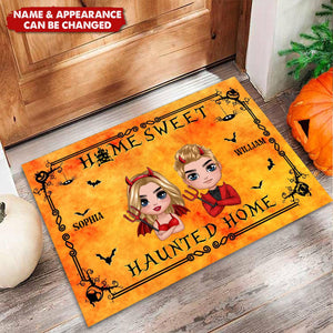 Welcome To Our Haunted House Doll Couple Halloween Personalized Doormat