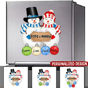 Couple Christmas Snowman Grandma Grandpa With Cute Grandkids Name Personalized Sticker Decal