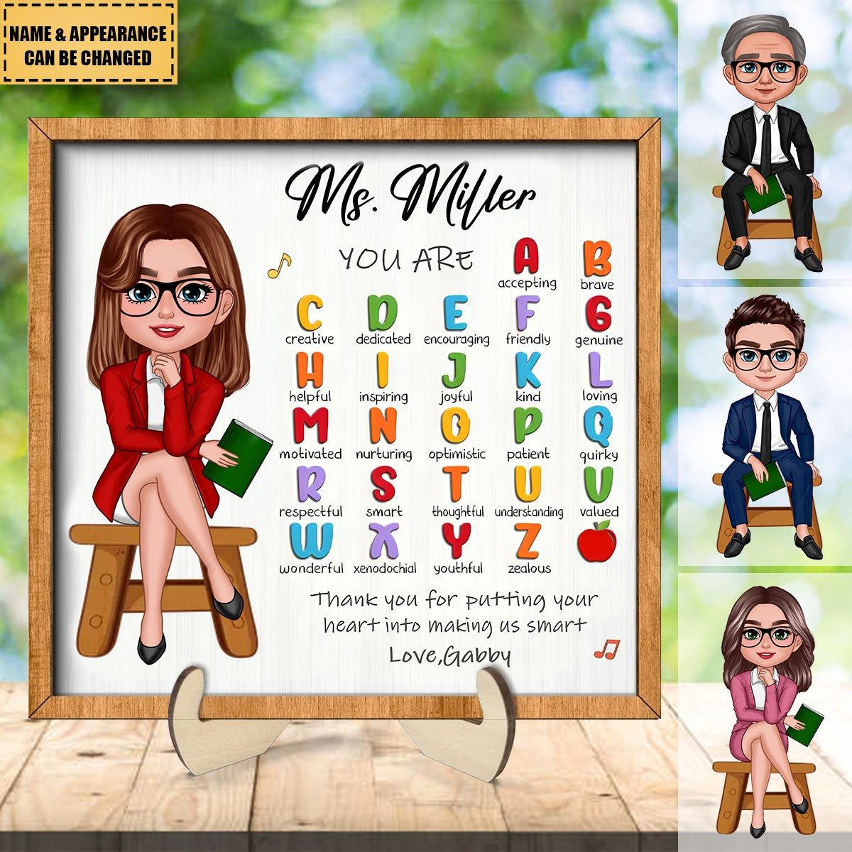 Teacher Appreciation Gift Thank You Alphabet Characteristics Teacher Sitting Personalized 2-Layer Wooden Plaque