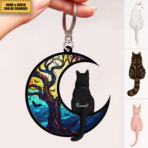 Cats On Moon Personalized Keychain, Halloween Decor For Cat Lovers