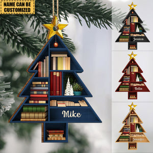 Reading Bookshelves Christmas Tree Shape - Personalized Shaped Wooden Ornament