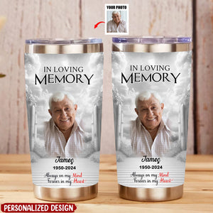 In Loving Memory Upload Photo Heaven Gate Sky, A Big Piece Of My Heart Lives In Heaven Personalized Tumbler