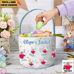 Kid Happy Easter With Bunny Ears - Personalized Photo Easter Basket