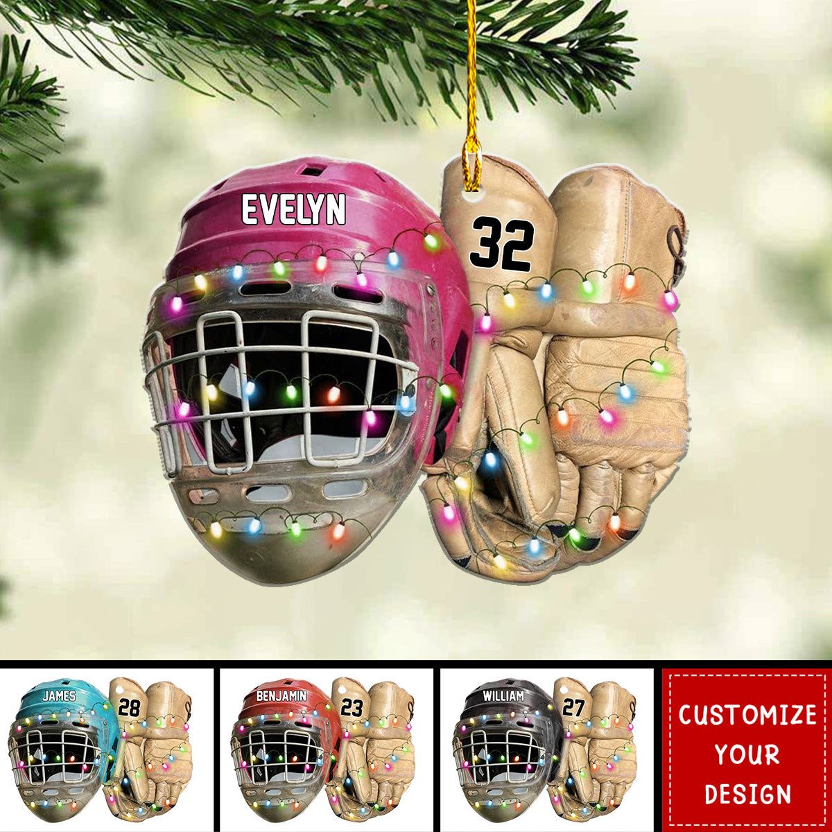 Hockey Helmet and Gloves - Personalized Acrylic Christmas Ornament, Gift for Hockey Players and Fans