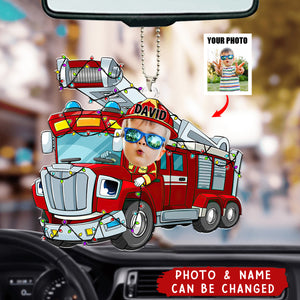 Funny Fire Truck Custom Kid Face - Personalized Acrylic Photo Car Ornament