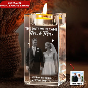 Custom Photo The Date We Became Mr. & Mrs. - Personalized Crystal Candle Holder