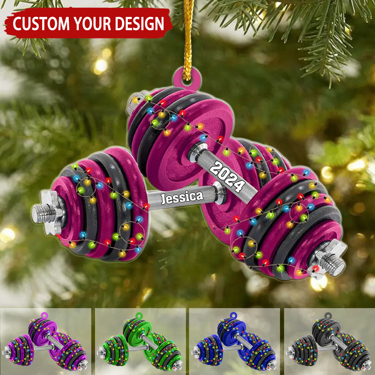 Dumbbell With Christmas Light Personalized Christmas Ornament, Gift For Fitness Lover