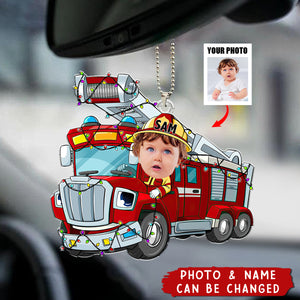 Funny Fire Truck Custom Kid Face - Personalized Acrylic Photo Car Ornament