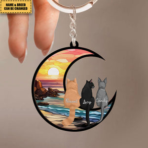 Cats On Moon Personalized Keychain, Halloween Decor For Cat Lovers