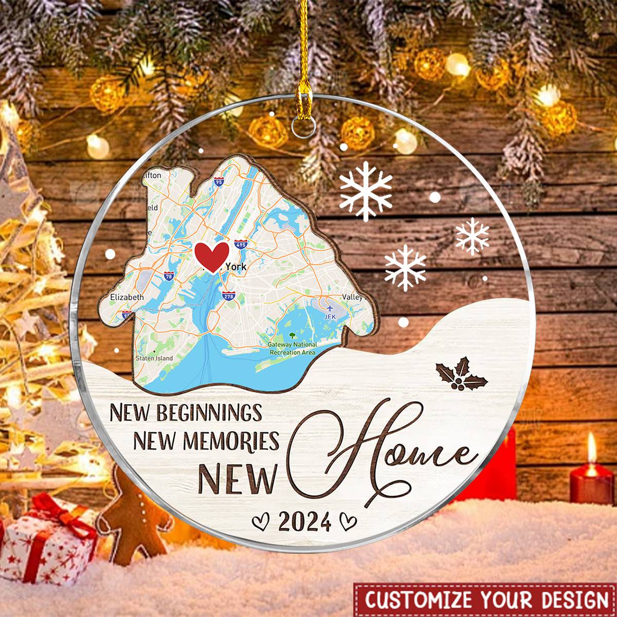 New Home, New Beginnings- Gift For New Homeowners Custom Map Wood And Acrylic Ornament