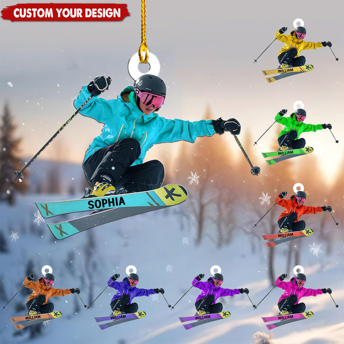 Personalized Skiing Christmas Ornaments, Gifts for Skiers and Snowboarders