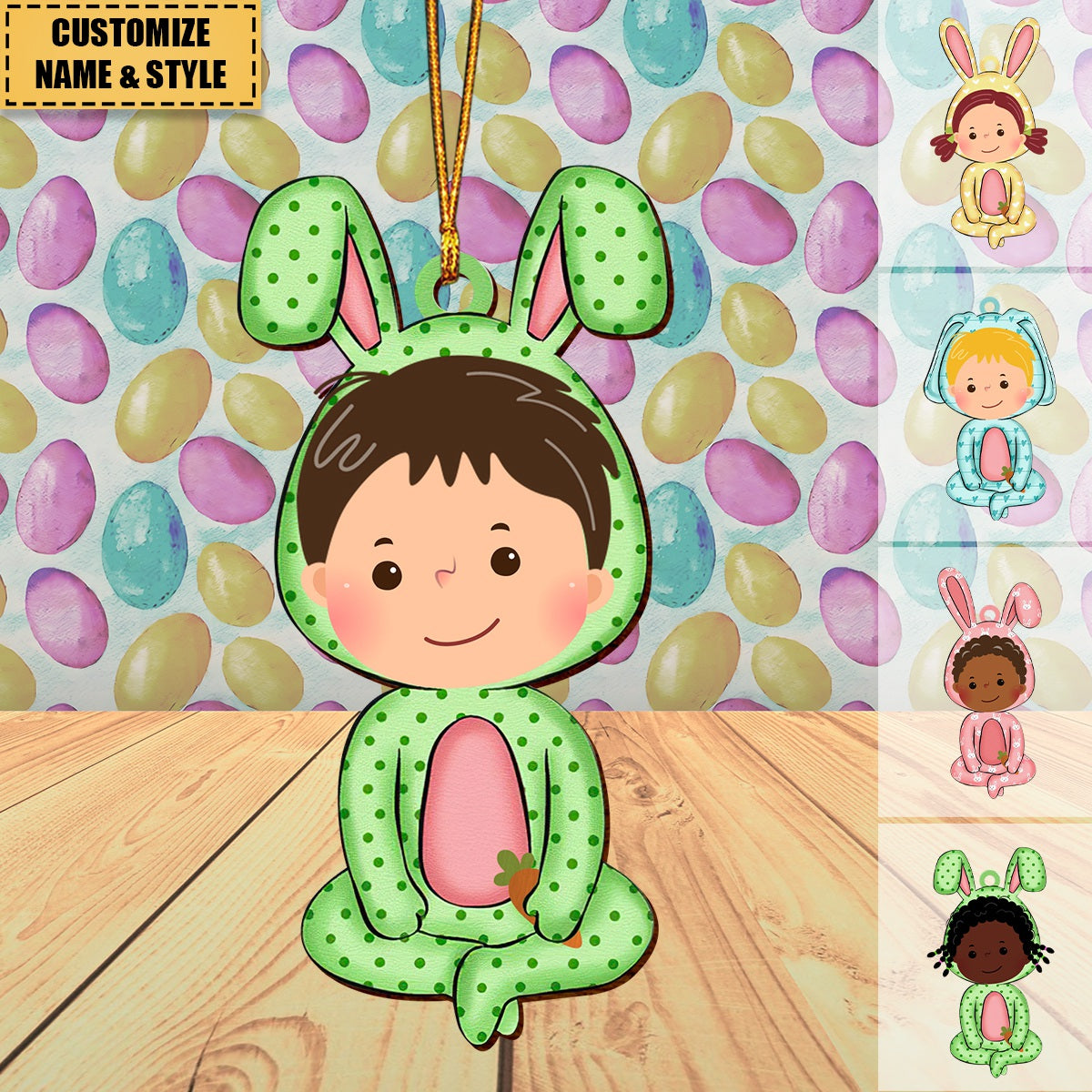 Funny Kid With An Easter Bunny Costume - Personalized Easter Basket Tags Ornament