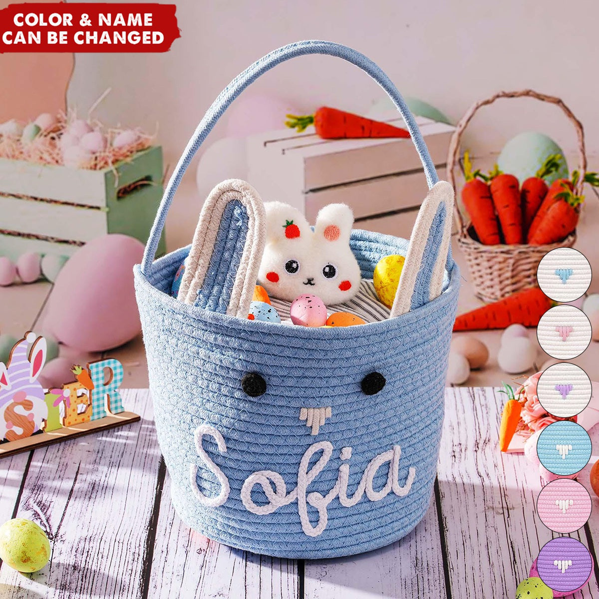 Custom Name Bunny Ears Personalized Easter Cotton Rope Egg Hunt Basket