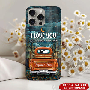 I Love You To The Moon And Black Couple In Truck Staring At The Moon - Personalized Glass Phone Case