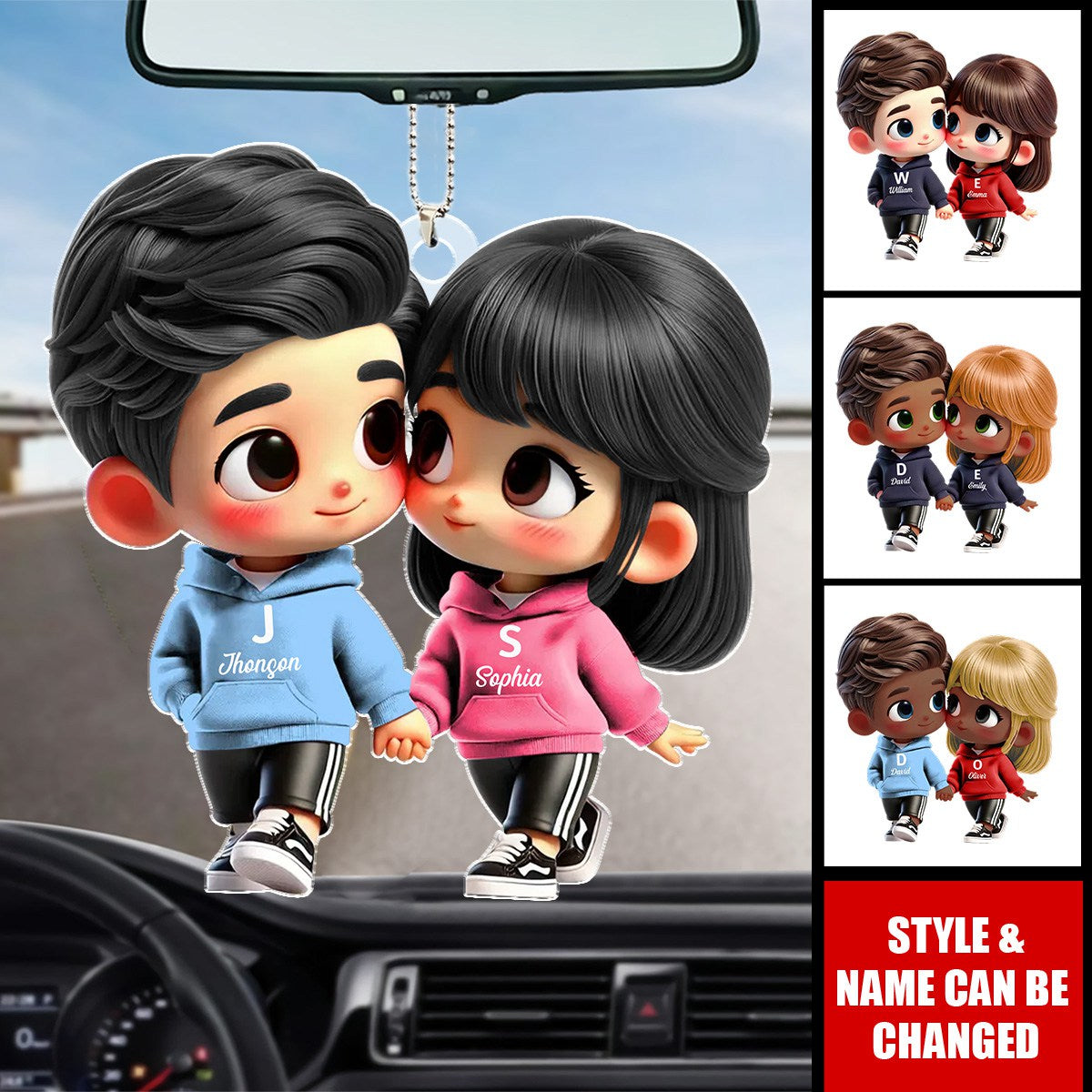 Cute Cartoon Couple Holding Hands Personalized Acrylic Car Hanger Ornament, Anniversary & Valentine's Day Gift for him, Gift for her