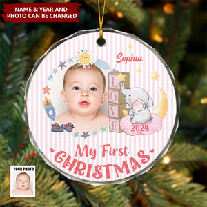 Custom Photo First Christmas - Personalized Elephant Baby Circle Glass Ornament