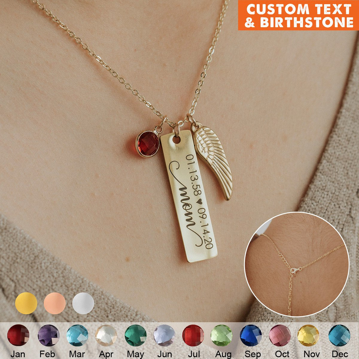 Birthstone Pendant Loss of a Loved One Wing Memorial Personalized Monogram Necklace