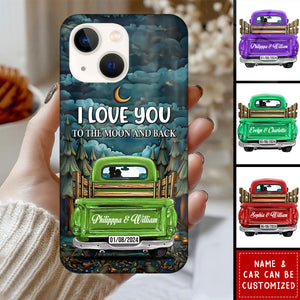 I Love You To The Moon And Black Couple In Truck Staring At The Moon - Personalized Glass Phone Case