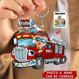 Funny Fire Truck Custom Kid Face - Personalized Acrylic Photo Keychain