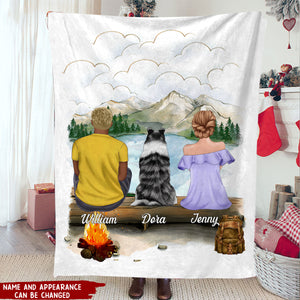 Hiking Mountain Dog And Couple - Personalized Fleece Blanket, Gift For Dog Lovers