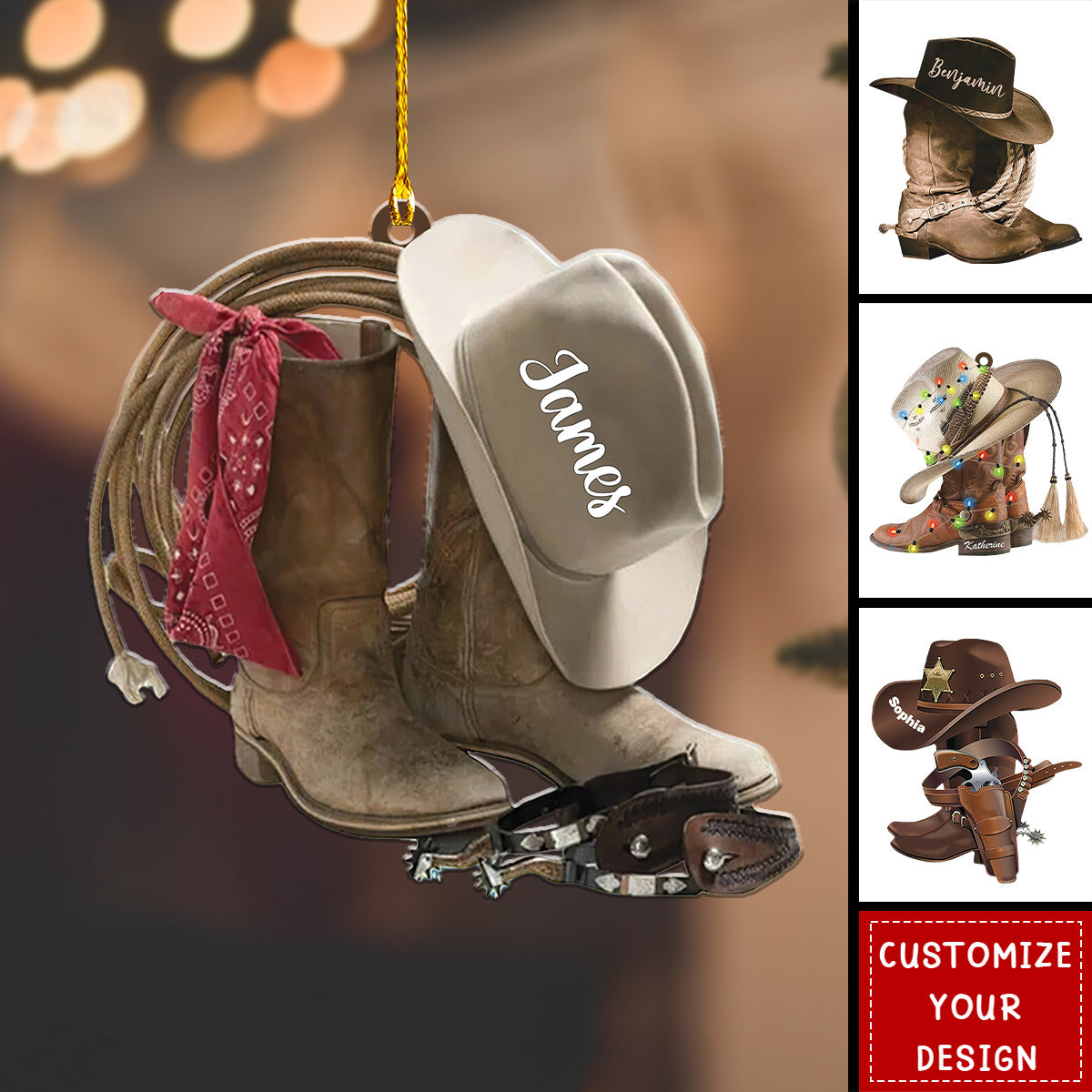 Cowboy Boots and Hat - Personalized Acrylic Christmas Ornament, Gift For Cowboy Cowgirl Horse Racing