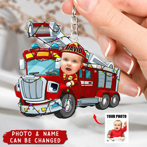 Funny Fire Truck Custom Kid Face - Personalized Acrylic Photo Keychain