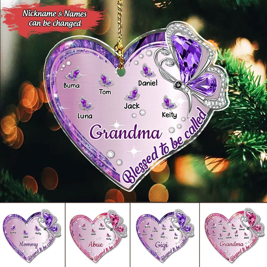 Sparkling Pink Violet Butterfly Grandma- Mom With Little Kids Personalized Acrylic Ornament