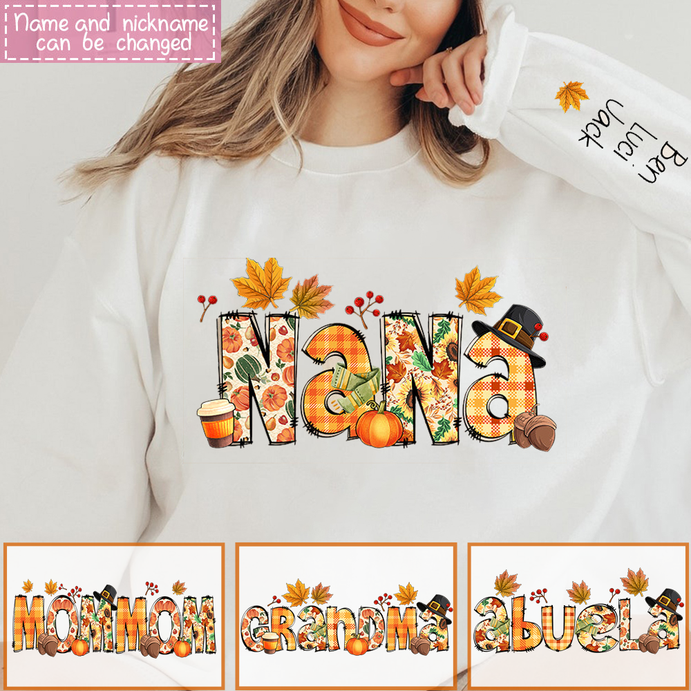 Nana Grandma Bundle Fall Season Thanks Giving Alphabet Doodle Grandkids Personalized Sweatshirt