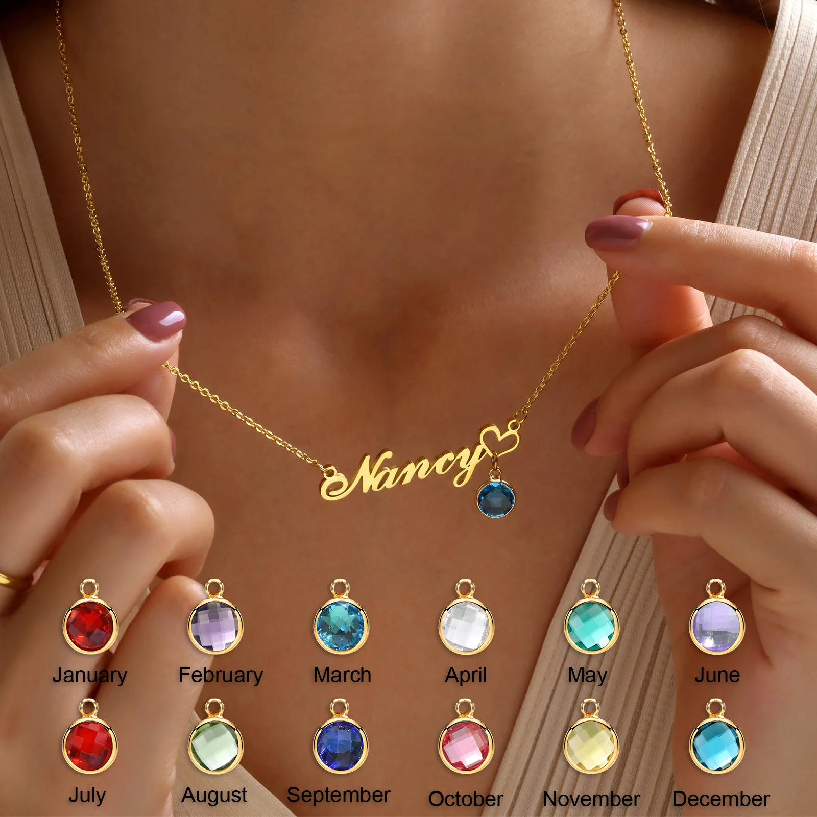 Personalized Name Necklace for Women Pendant with Birthstone