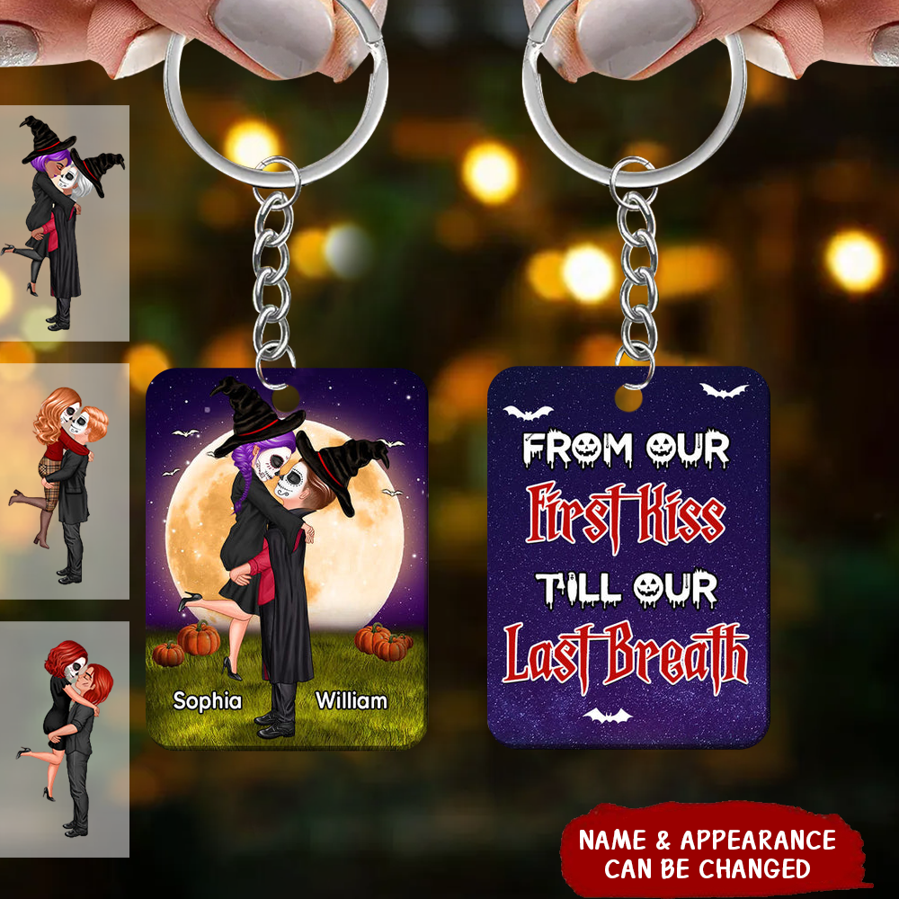 Halloween Couple Kissing and Hugging On Moon, From Our First Kiss Till Our Last Breath Personalized Keychain