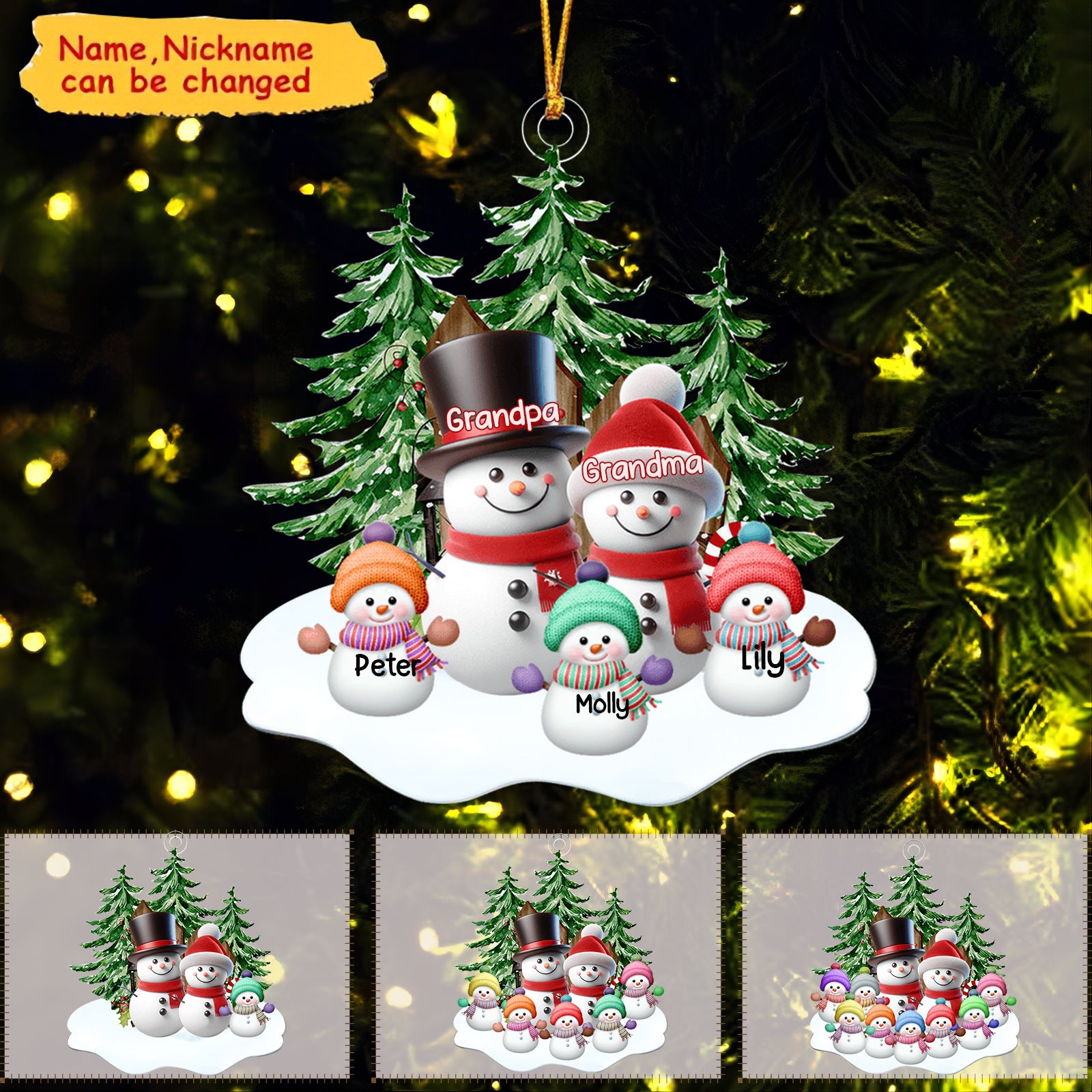 Granparents/Parents Snowmen With Baby Kids In Pine Tree Forest - Personalized Shape Ornament