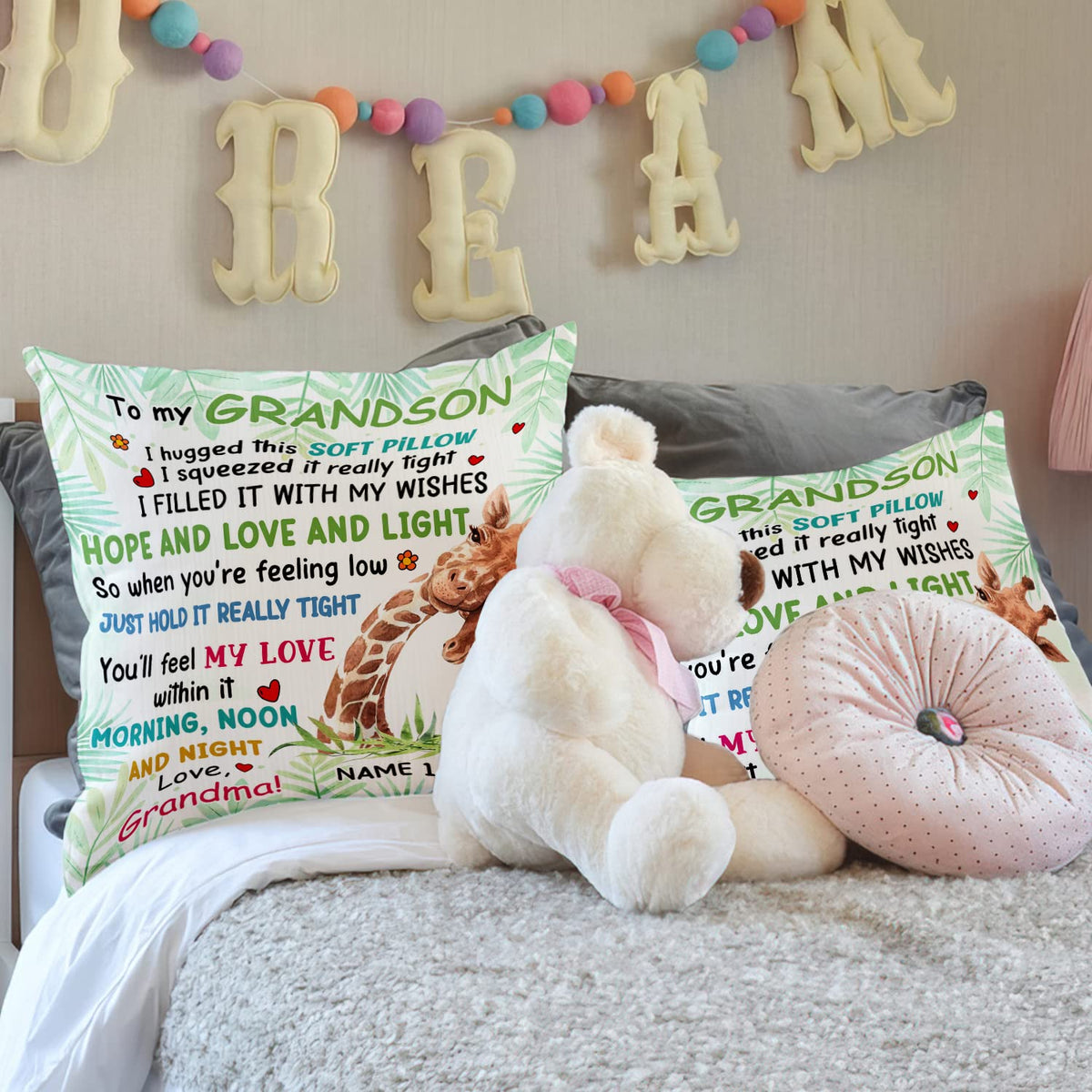 Personalized Granddaughter Grandson Giraffe Hug This Pillow