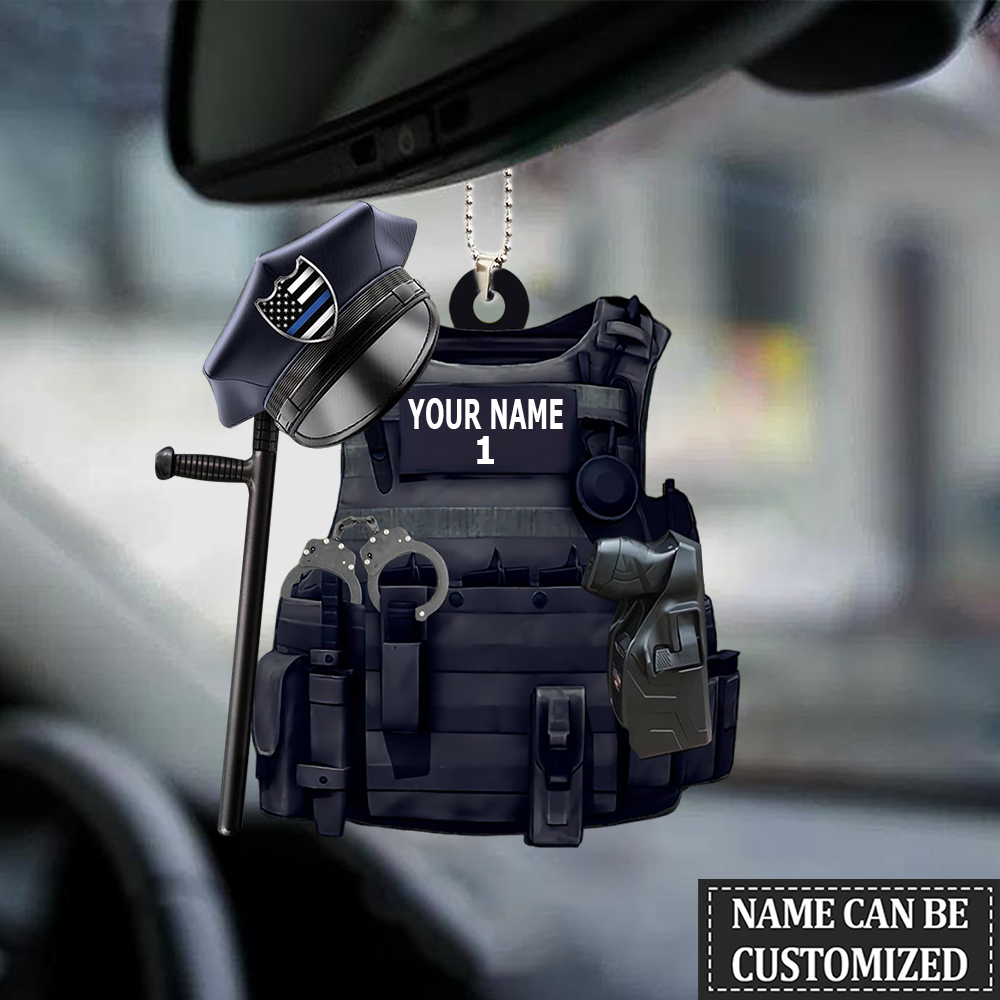 PERSONALIZED POLICE ORNAMENT, CUSTOM NAME POLICE VEST FULL SET, BATON/TONFA & GUN FLAT ORNAMENT