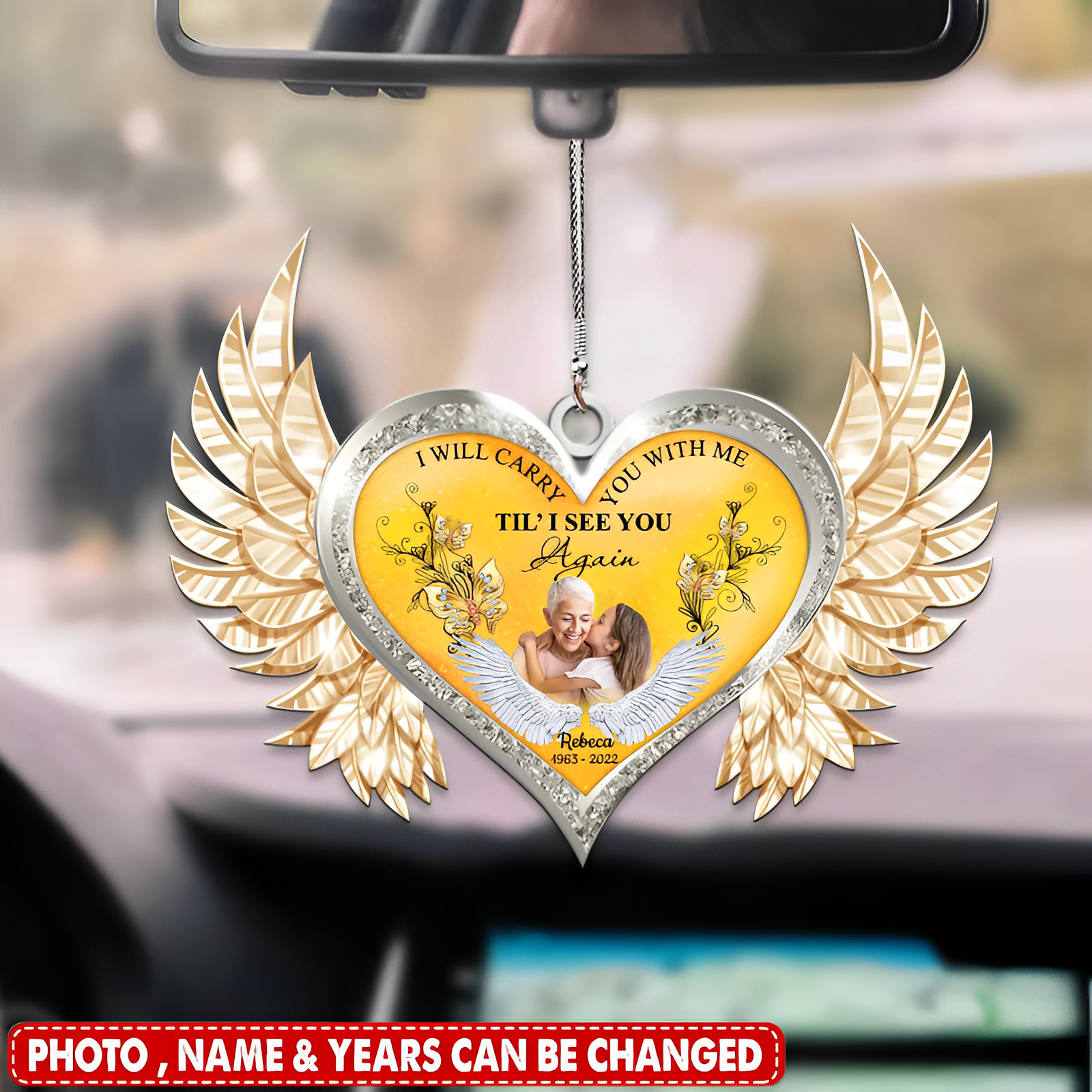 Personalized Heart Photo Memorial Car Ornament - I Will Carry You With Me,Til'l See You