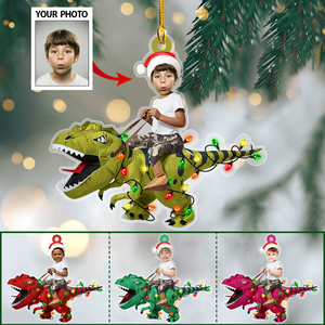 Personalized Cute Kid Rides The Dinosaurus Christmas Light Ornament