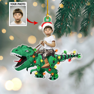 Personalized Cute Kid Rides The Dinosaurus Christmas Light Ornament